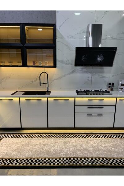 Brillant Rosen Model Damalı Kaymaz Taban Mutfak Halısı - Gri-siyah