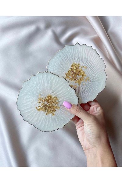 Sultan Tasarım Gold Leaf Round Wavy Promise Engagement Groom Epoxy Presentation Tray Coaster Set for Two