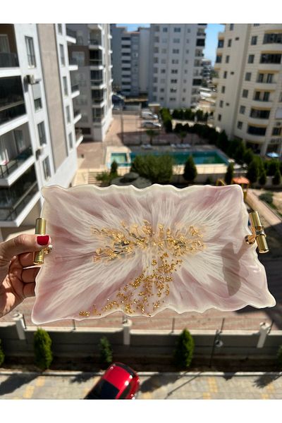 Sultan Tasarım Gold Leaf Rectangular Wavy Patterned Promise Engagement Groom Epoxy Presentation Tray for Two
