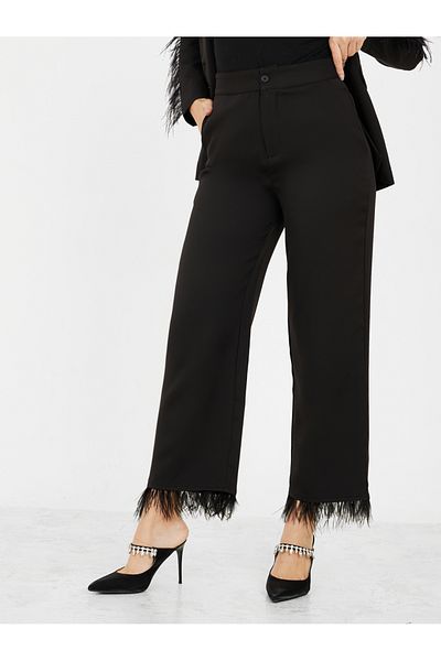 Styli Faux Feather Trim Straight Leg Trousers