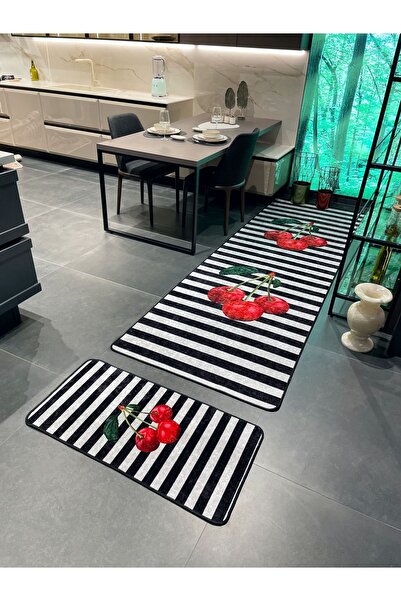 Brillant Cherry Kiraz Desenli Çizgili Lateks Deri Taban Mutfak Halısı - GRİ-S...