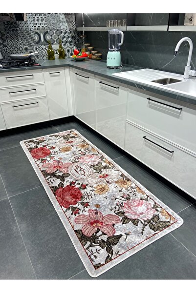 Brillant Çiçek Desenli Lateks Deri Taban Kitchen Mutfak Halısı GRİ