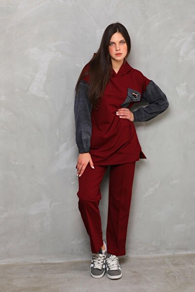 WestBound Claret Red Women's Sports Double Set - Denim Detailed Sleeves