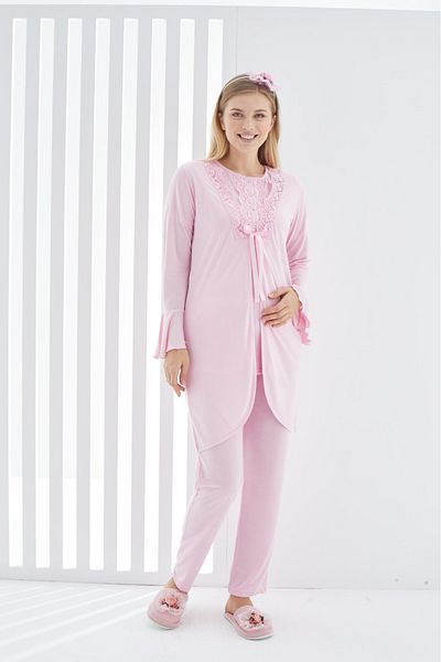 ERDENİZ TEKSTİL 3-Piece Laced Pajamas and Dressing Gown Set for Pregnant and Maternity