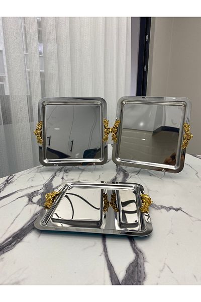 Aslı Hediyelik Luxury Square 3-Piece Silver Plated - Thick Handled Model Presentation Tray 21x21 cm