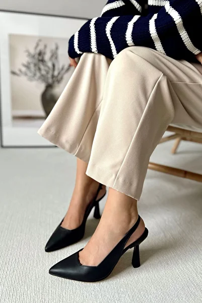 POLKA STORE Spark Matte Leather Black Pointed Toe Back Open Stiletto Evening Dress Heeled Women's Shoes