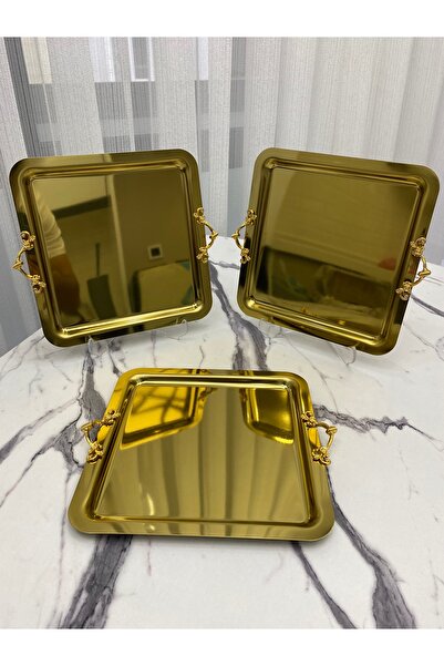 Aslı Hediyelik Gold Coated Luxury Square 3 - Fine Handled Presentation Tray 2...