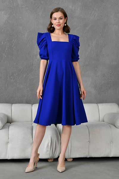 WOMAN VISION Rochie Saks Blue Midi - Crep flexibil, guler pătrat, mânecă scurtă cu balon, 080
