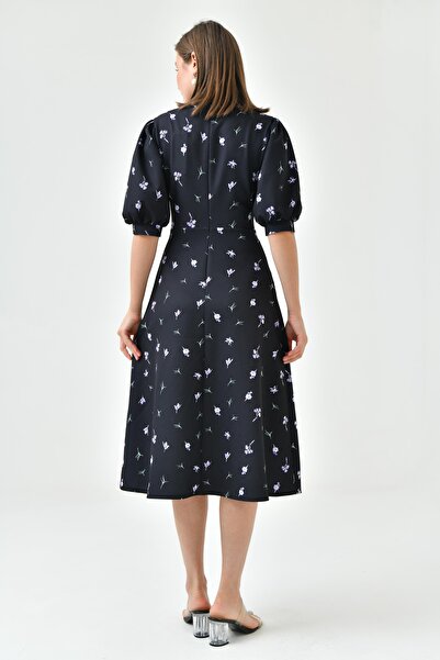 4S1B FASHION Black V-Neck Midi Floral Evening Dress - Short Balloon Sleeve, Flared Cut Homecoming Dress 153