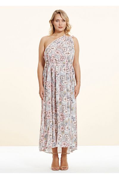EVEN plus size فستان بكتف واحد مطبوع عليه زهور بودرة مقاس كبير