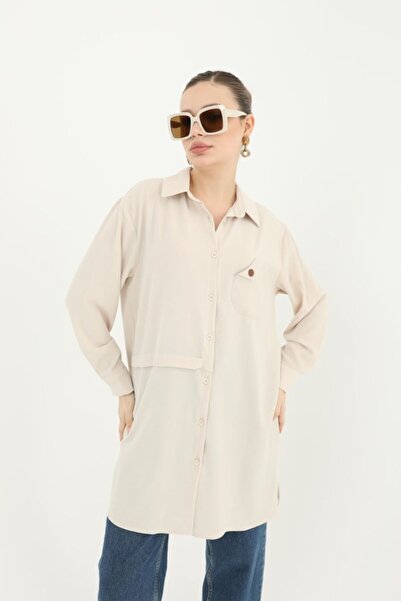Puane Cep Detaylı Yan Yırtmaçlı Gömlek Bej