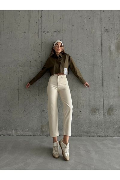 MAKRAS EXCLUSIVE High Waist Light Cream Women's Denim Trousers - Straight Leg Mom Jean (Full Fit)