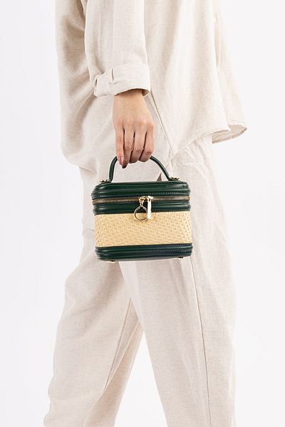 Getcho David Jones Lamora Women's Green Straw Detailed Handbag with Zipper Box Model Cross Strap