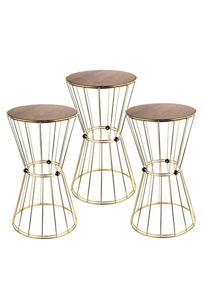 Begüsa Madrid 3.lü Set Sehpa Gold Kaplama Ceviz Ahşap