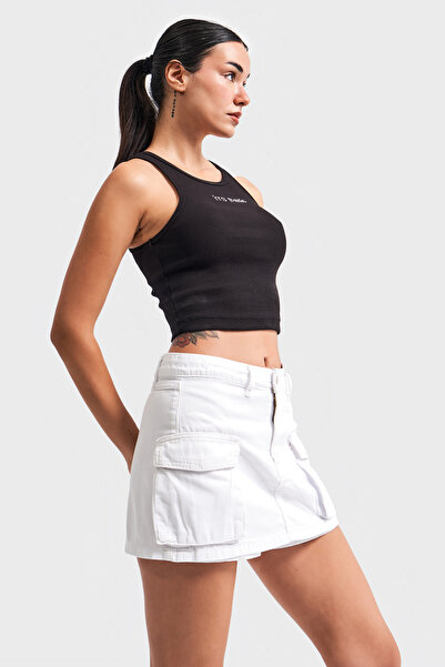it's basic White Mini Denim Shorts Skirt - Women, Cargo Pocket, Optical Color