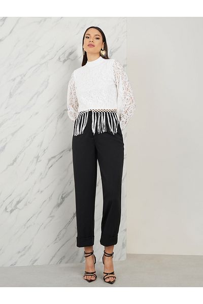 Styli All Over Lace High Neck Tassel Hem Blouse