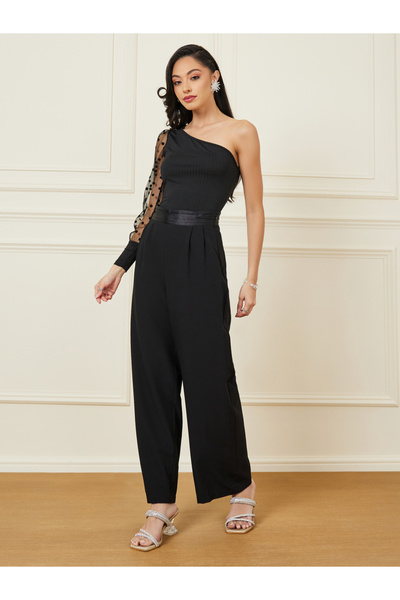 Styli Polka Dot One Shoulder Mesh Sleeve Top