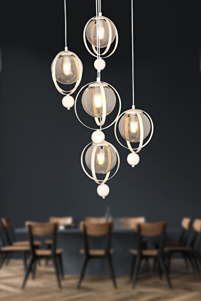 Begüsa Jüpiter 5.li Avize Beyaz Füme Cam