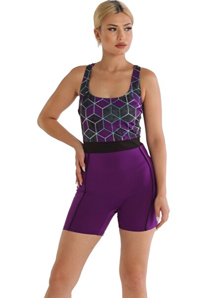 Argisa Modeled Swimming Swimsuit with Patterned Shorts 6526 Purple Plus Size