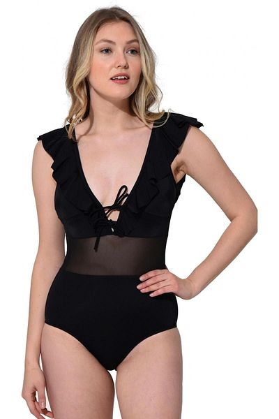 Argisa Μαύρο μαγιό με φούντα από τούλι - Lace Up Model 6031