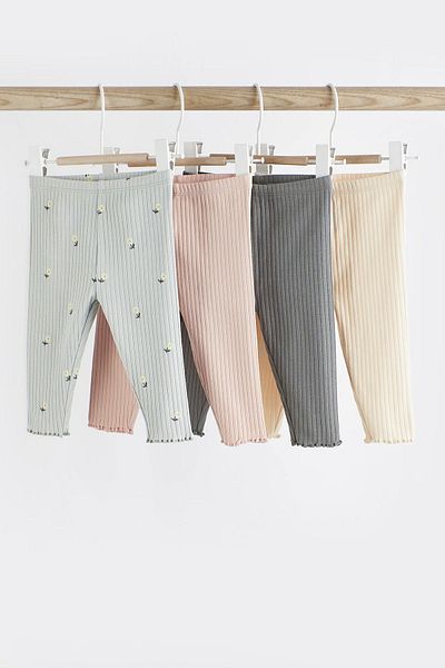 Next Baby Cotton Pink Gray Duveted Floral Patterned 4-Piece Pocket Leggings Set