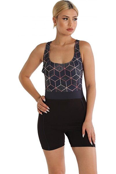 Argisa Modeled Swimsuit with Patterned Shorts 6526 Black Plus Size