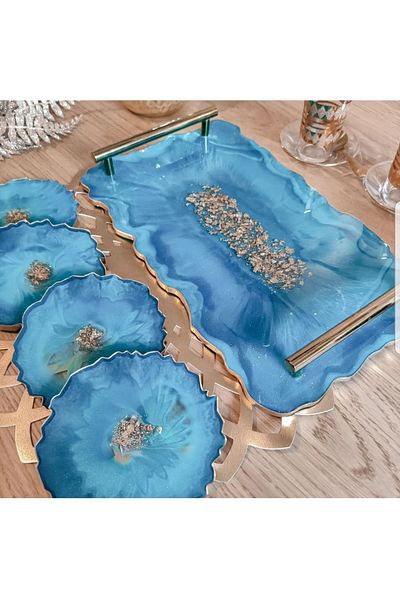 Sultan Tasarım Large Size Silver Leaf Wavy Patterned Promise Engagement Groom Epoxy Tray Coaster Set