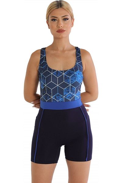 Argisa Modeled Swimsuit with Patterned Shorts 6526 Navy Blue Plus Size