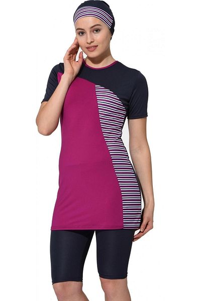 Argisa Half Sleeve Striped Semi Hijab Swimsuit 7826 Fuchsia Anthracite