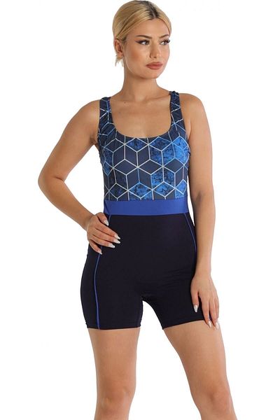 Argisa Modeled Swimsuit with Patterned Shorts 6526 Navy Blue Plus Size