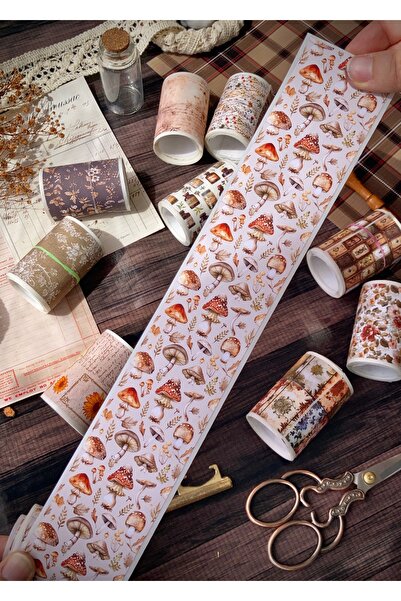 Hume Craft 2 Metre Vintage Mantar Temalı Washi Bant / Washitape / Bullet Jour...