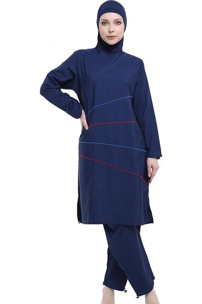 Argisa Navy Blue Embroidered Hijab Swimsuit - Hidden Zip Detail
