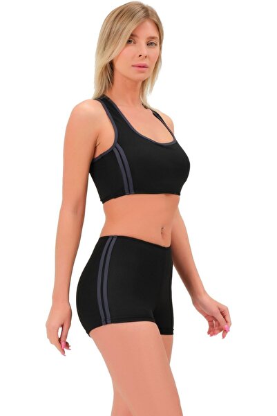 Argisa Şeritli Şortlu Yüzücü Bikini 5509 Siyah Füme