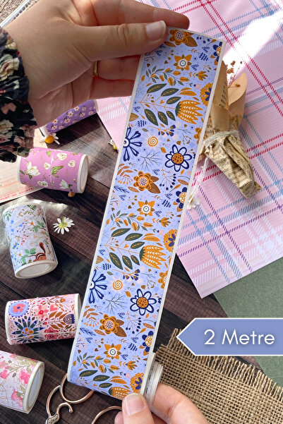 Hume Craft 2 Metre Mavi Zemin ve Çiçekler Temalı Washi Bant / Washitape / Bul...