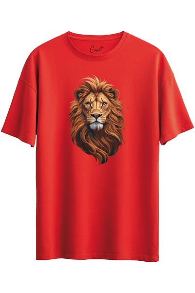 Çapıt Lion Printed Red 100% Cotton Short Sleeve T-Shirt