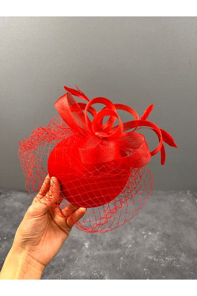 Limelia Red Bridal Wedding Hat - Feather and Ribbon