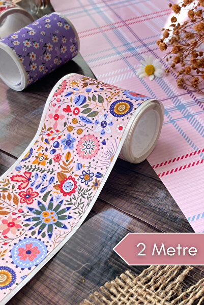 Hume Craft 2 Metre Pembe Zemin ve Çiçekler Desenli Washi Bant / Washitape / B...