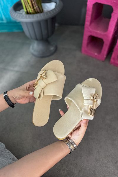 SHOEBELLAS Beige Valen Women's Slippers - Teddy Bear Bow Detail