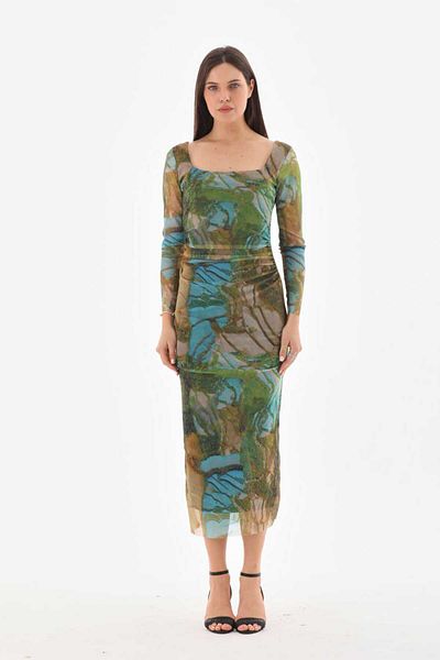 CİXAPLE Lycra Square Collar Tulle Lined Dress