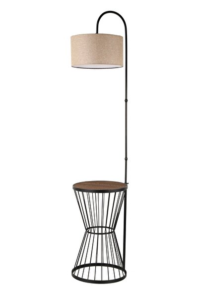 Begüsa Aytuğ Sehpa Lambader Siyah Ceviz Ahşap Hasır Şapka