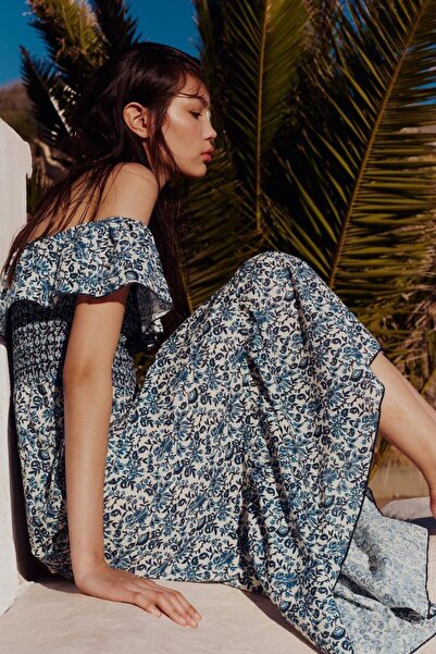 DİMA FASHİON ELASTİK BÜZGÜLÜ OMUZ DEKOLTELİ ELBİSE