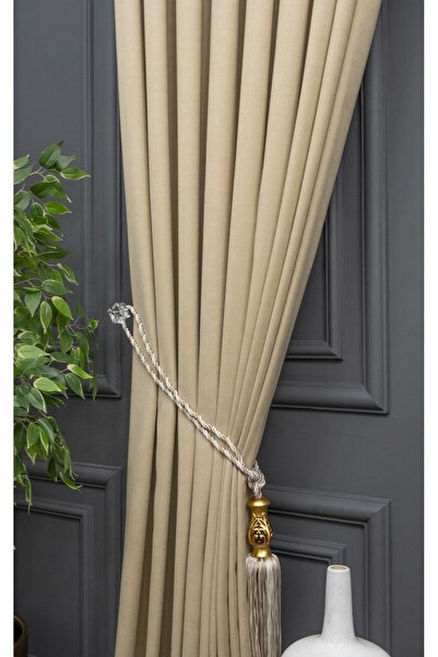 Evdepo Home Crown Beige Solid Color Pleated Background Curtain, 1/2,5 Regular (MEDIUM) Pleat, Single Wing