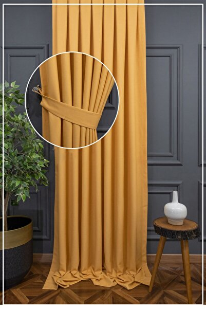 Evdepo Home Hardal Düz Renk Keten Fon Perde, 1/3 Sık Pile, Tek Kanat