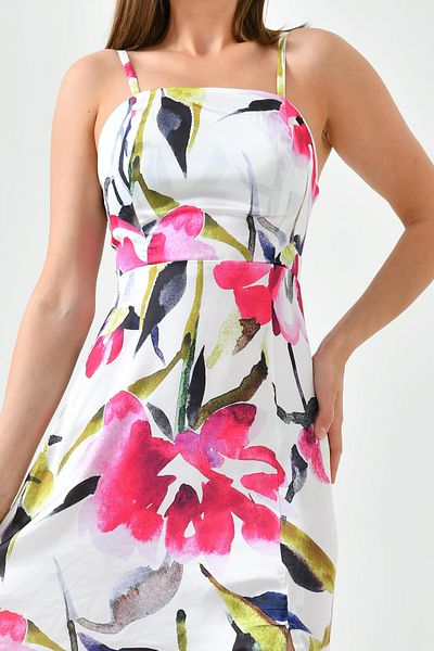 WOMAN VISION Floral εμπριμέ στράπλες σατέν φόρεμα - Slit Summer Model 2420