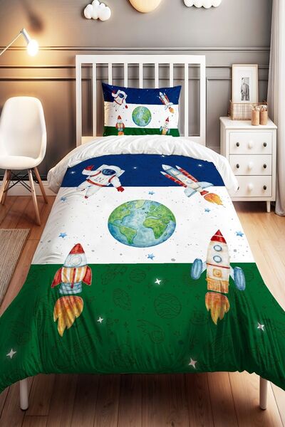 EVPANYA Lacivert Yeşil Uzay Desenli Tek Kişilik Bebek Çocuk Nevresim Seti