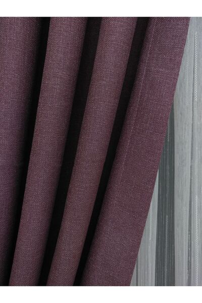 Evdepo Home Taç Mürdüm Düz Renk Keten Fon Perde, 1/2 Seyrek Pile, Tek Kanat