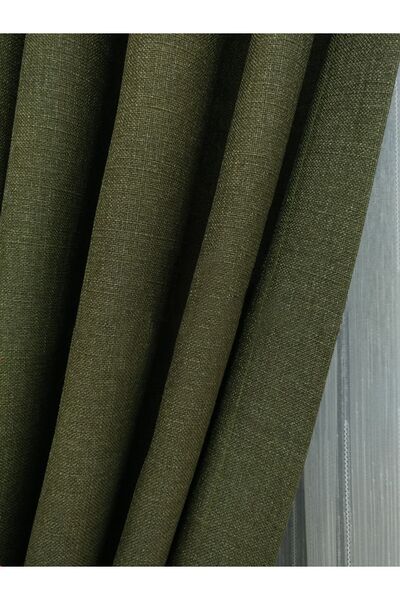 Evdepo Home Haki Düz Renk Keten Fon Perde, 1/2,5 Normal Pile, Tek Kanat