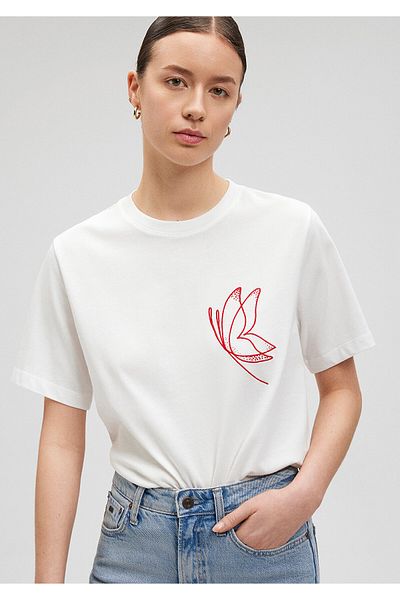 Mavi Tricou brodat cu fluturi alb - Croială normală1612529-70057