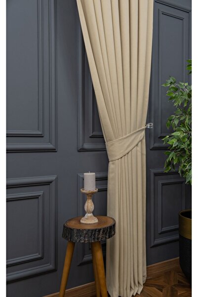 Evdepo Home Light Beige Solid Color Pleated Background Curtain, 1/2,5 Regular (MEDIUM) Pleat, Single Wing