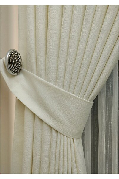 Evdepo Home Krem Düz Renk Keten Fon Perde, 1/2 Seyrek Pile, Tek Kanat